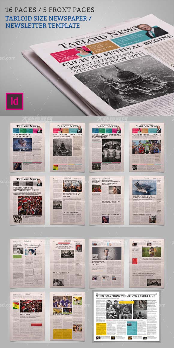 Newsletter Newspaper Template,indesign模板－时事周刊(5种首页布局/16页)